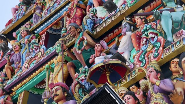 Upward Pan of Ornate Hindu Temple Tower in Singapore