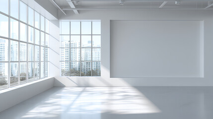Obraz premium Empty white office wall Mockup. Blank modern bright interior softly lighted by a large window. 