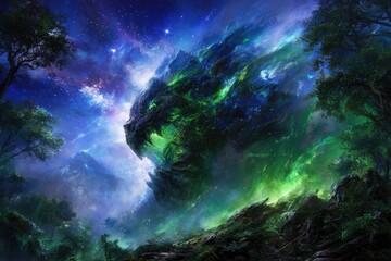 Mystical beast emerges from a vibrant forest under a starlit sky