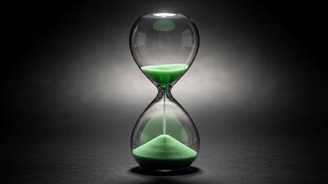 A clear hourglass with green sand, highlighting the passage of time against a dark backdrop.