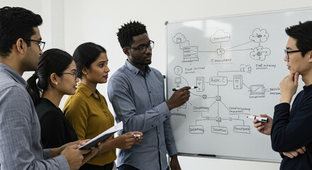Team Discussing IT Infrastructure Diagram on Whiteboard.