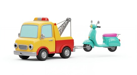 Fototapeta premium Cartoon tow truck pulling a turquoise scooter on a white background