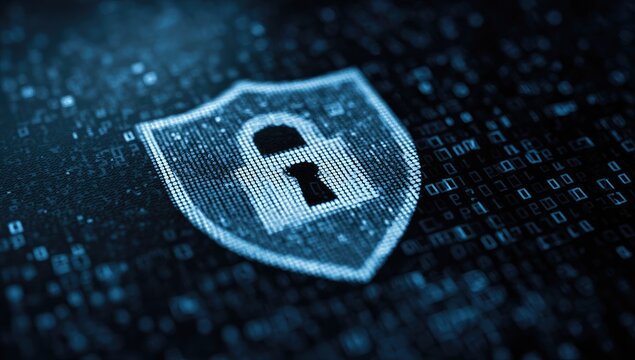 Digital shield lock icon over binary code background