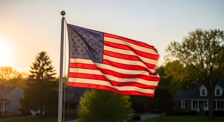 American flag waving in the breeze on Labor Day in a suburban neighborhood