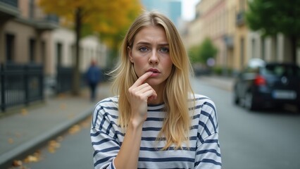 Fototapeta premium Thoughtful Blonde Woman on City Street