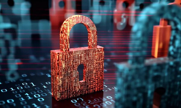 
A digital illustration depicting multiple padlocks in shades of blue and red, representing data security. The background is filled with binary code to symbolize the technological aspect.