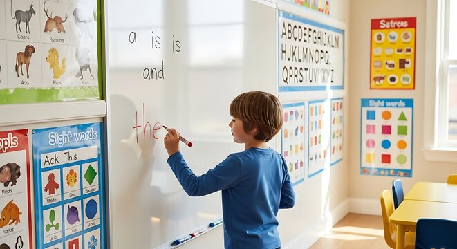 Adorable young boy practices writing sight words with red marker on whiteboard in sunny classroom