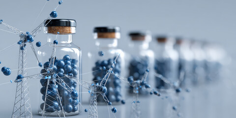 Row of glass vials filled with blue spheres is connected by miniature power lines, symbolizing intersection of biotechnology and energy innovation