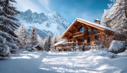 Snowy cabin nestled in mountains winter landscape