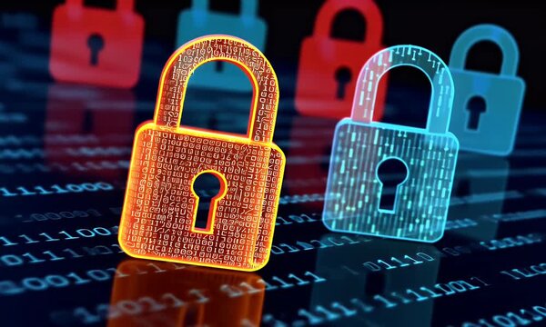 
A digital illustration depicting multiple padlocks in shades of blue and red, representing data security. The background is filled with binary code to symbolize the technological aspect.