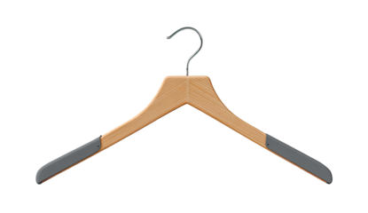 A wooden clothing hanger with dark gray accents.  The hanger has a light beige/tan wooden body with dark gray, rounded shoulder pieces and a metal hook