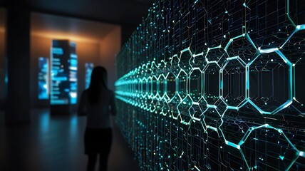 Futuristic Data Network Visualization with Silhouette Person