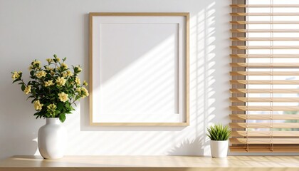 Minimalist Interior Empty Frame Yellow Flowers and Sunlight Through Wooden Blinds.