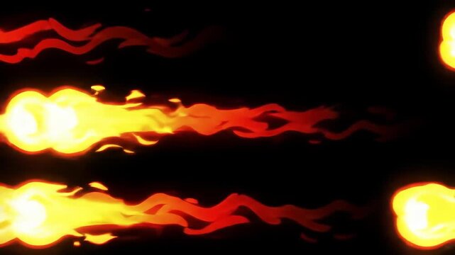 Dynamic fiery trails streak across black background, energetic motion blur conveys power and intensity for action sequences