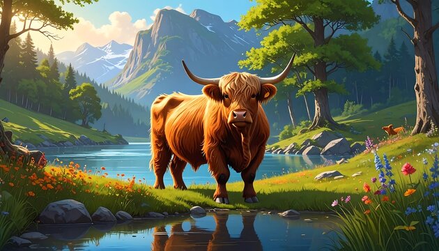 Highland cow in idyllic mountain valley