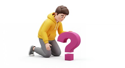 Person kneeling next to a giant question mark conceptual representation of a question