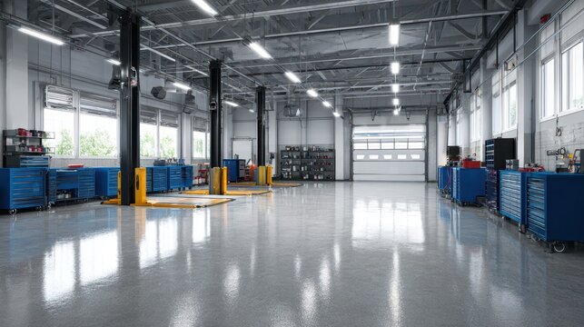 Modern auto repair shop interior, large bay doors, well-lit, clean floor, for advertising
