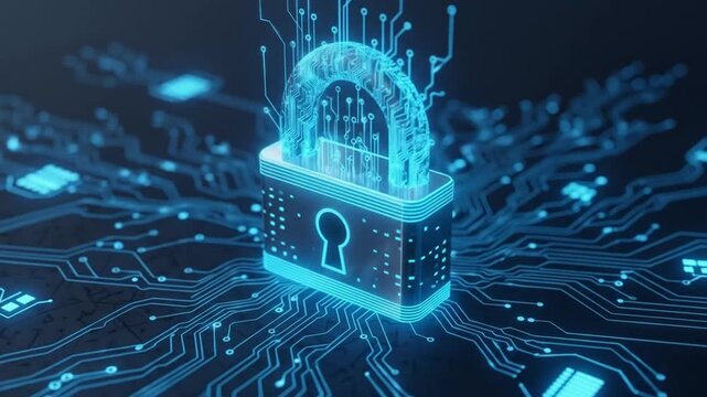 Advanced cybersecurity concept with a glowing digital padlock on a circuit board. Network security and data protection technology background. - Powered by Adobe