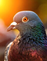 Close-up of a pigeon's head and neck, bathed in warm sunlight