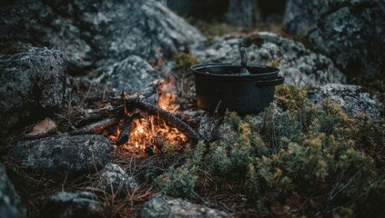 Campfire cooking pot on rocks