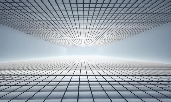
A white background with lines in perspective, simple and clean, with a grid pattern on the ground and a large blank space above it for text or graphics