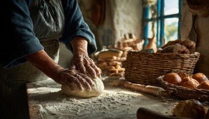 Elderly hands kneading dough in rustic bakery