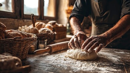 Rustic baker kneading dough