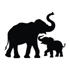 A silhouette of elephant with calf walking On white