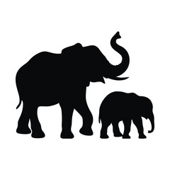 Fototapeta premium A silhouette of elephant with calf walking On white