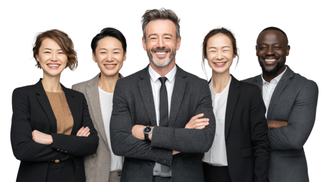 Business Team's Confidence: A diverse team of confident business professionals, exuding success in suits, stands shoulder to shoulder with radiant smiles and assured stances.