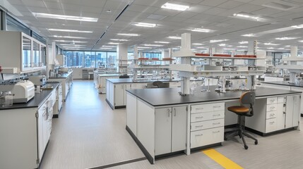 Modern lab interior city view, research, workspace