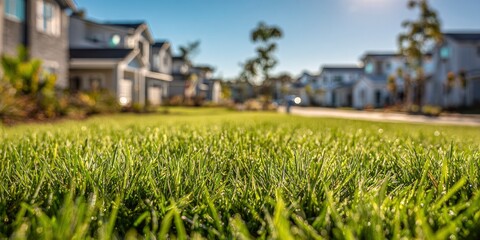 Close-up of lush green grass in front of suburban homes