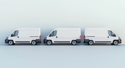 Three White Delivery Vans in a Line Against a Minimalist Background