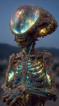 Extraterrestrial Skeleton Alien Bioluminescent Sci-Fi Futuristic Space Technology Radical Universe Enchantment Abstract Evolving Mystical Landscape Visionary Harmonious Cultural Innovation