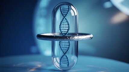 Dna helix inside a test tube with a ring around it symbolizing genetic research