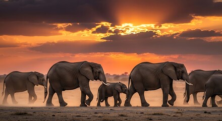 Fototapeta premium An elephant herd walks across the savanna during a vibrant sunset, casting a warm golden glow
