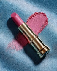 Pink lipstick tube and swatch on blue