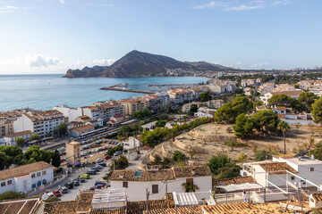 View over Altea towards the marina and the Serra Gelada Park, Costa Blanca, Spain
