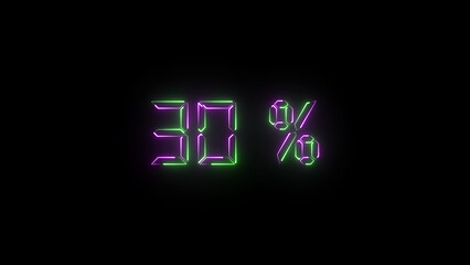 A vivid neon "30%" text icon glowing with bright, electrifying colors. Ideal for showcasing major discounts, flash sales, or promotional events in modern digital designs.
