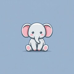 Obraz premium Adorable cartoon elephant logo in pastel colors on blue background, sitting with big eyes and pink ears, flat vector graphic with minimal design style, perfect for kids, baby brands, and clothing