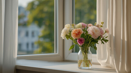 Spring Flowers by the Window in Soft Morning Light