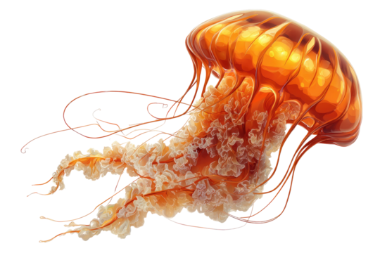 A vibrant, digitally rendered jellyfish, showcasing an orange-gold bell and translucent, wispy tentacles.  The image highlights intricate details within the creature's form