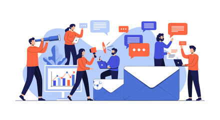 Digital marketing team collaborating on campaign strategy and data analysis to achieve business growth objectives