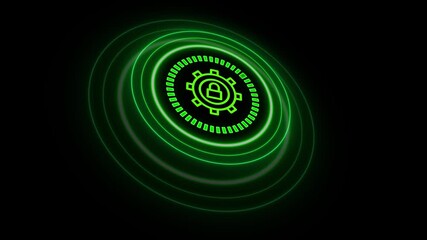 digital interface with a pulsing icon for cybersecurity and process control,glowing green icon of a gear and lock for secure system settings and data protection, - Powered by Adobe