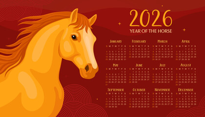 Calendar 2026. 12 months, starting from Sunday. New Year of the Horse, Lunar New Year or Chinese New Year. Yellow fiery horse on a red background. Horse head. © sorninai