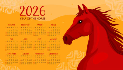 Calendar 2026. 12 months, starting from Sunday. New Year of the Horse, Lunar New Year or Chinese New Year. Red fiery horse on a yellow background. Horse head.