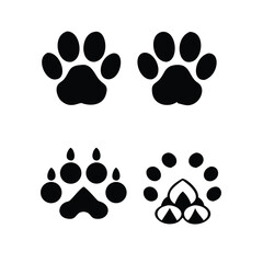 Fototapeta premium Set of black silhouettes of paw print icons, Black and white paw print icons depict a seamless vector pattern of animal tracks, including dog and cat footprints, in vector silhouette design