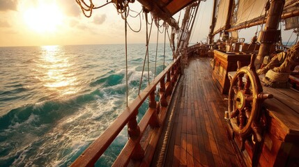 Wooden ship deck at sunset