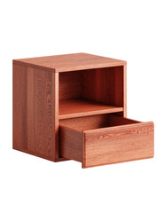 Simple, light reddish-brown wooden nightstand with a single shelf and drawer
