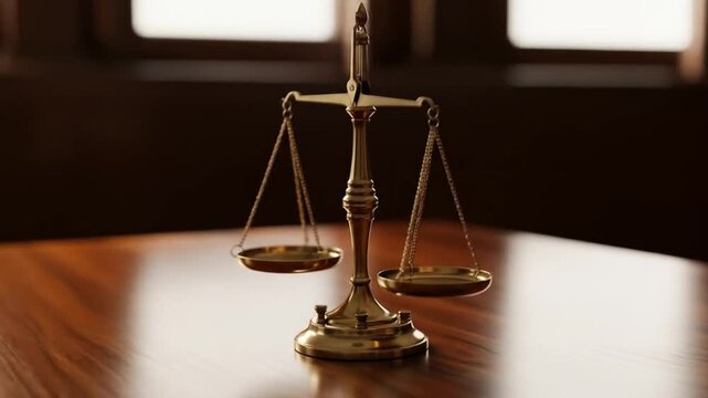 Golden scales of justice on a wooden table, symbolizing the concept of law, fairness, and legal judgment